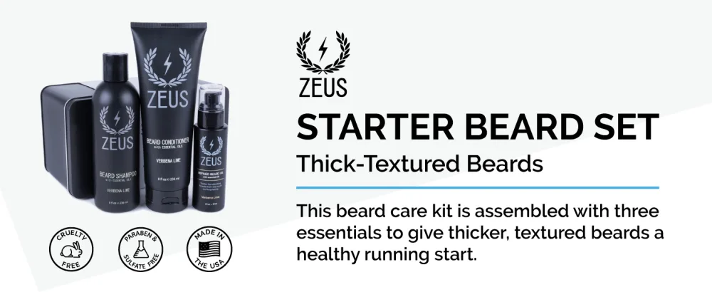 ZEUS Beard Starter Kit for Thick Beards Natural Beard Shampoo Beard Conditioner & Premium Refined Beard Oil (Vanilla Rum) MADE IN USA - Starter beard care set for thick or textured beards