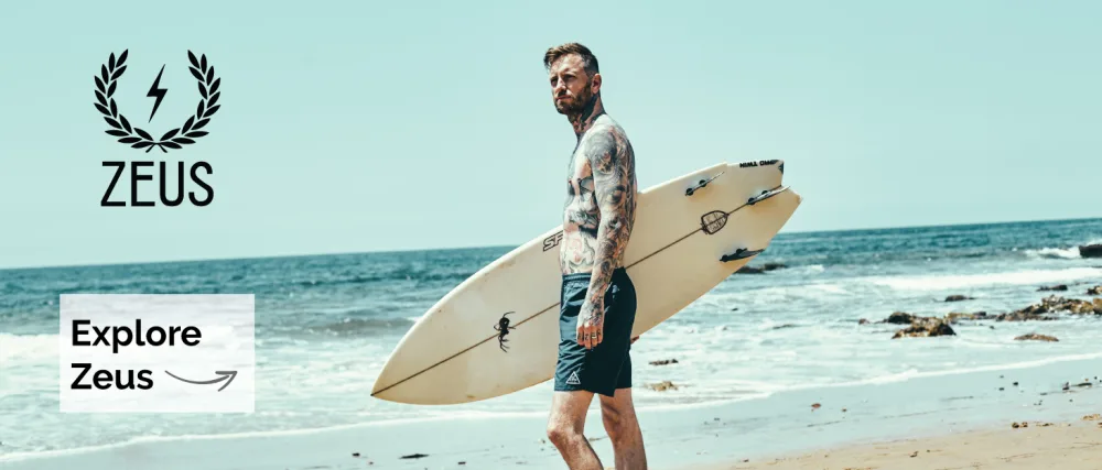 ZEUS Starter Beard Wash & Grooming Kit Beard Brush & Beard Wash Combo Gift Set for Men (Vanilla Rum) Scent: Vanilla Rum - bearded man standing on beach with surfboard