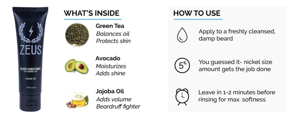 ZEUS Travel Size Beard Wash & Beard Conditioner Set for Men Soften Hydrates & Moisturizes - MADE IN USA (Sandalwood) - Zeus beard conditioner is formulated with green tea, avocado, and jojoba oil