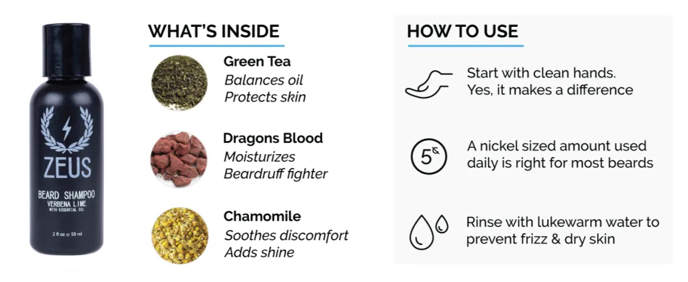 ZEUS Travel Size Beard Wash & Beard Conditioner Set for Men Soften Hydrates & Moisturizes - MADE IN USA (Sandalwood) - Zeus beard shampoo features green tea, dragons blood and chamomile