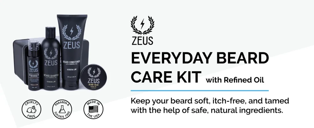 ZEUS Everyday Beard Care Kit - Natural Beard Wash Refined Beard Oil & Moisturizing Beard Balm MADE IN USA (Sandalwood) - everyday beard care kit with refined oil