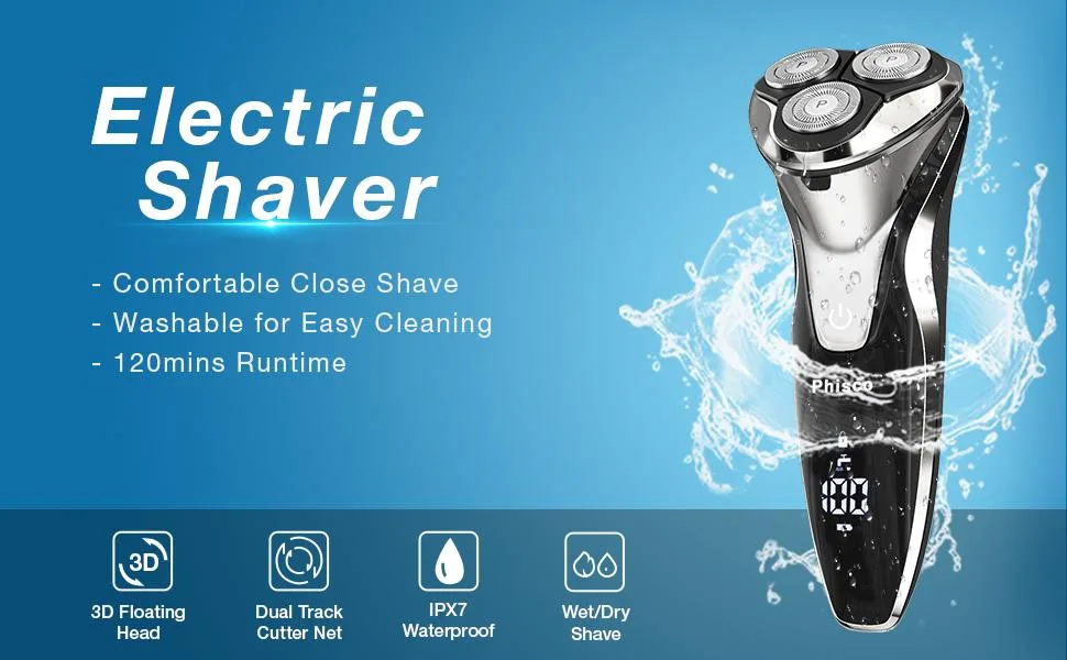 Electric Shavers Men: Phisco RMS8112-ValuePro - Ultra Quiet Waterproof Rotary Shaver LED Display Wet/Dry Pop-up Trimmer Rechargeable - shaver