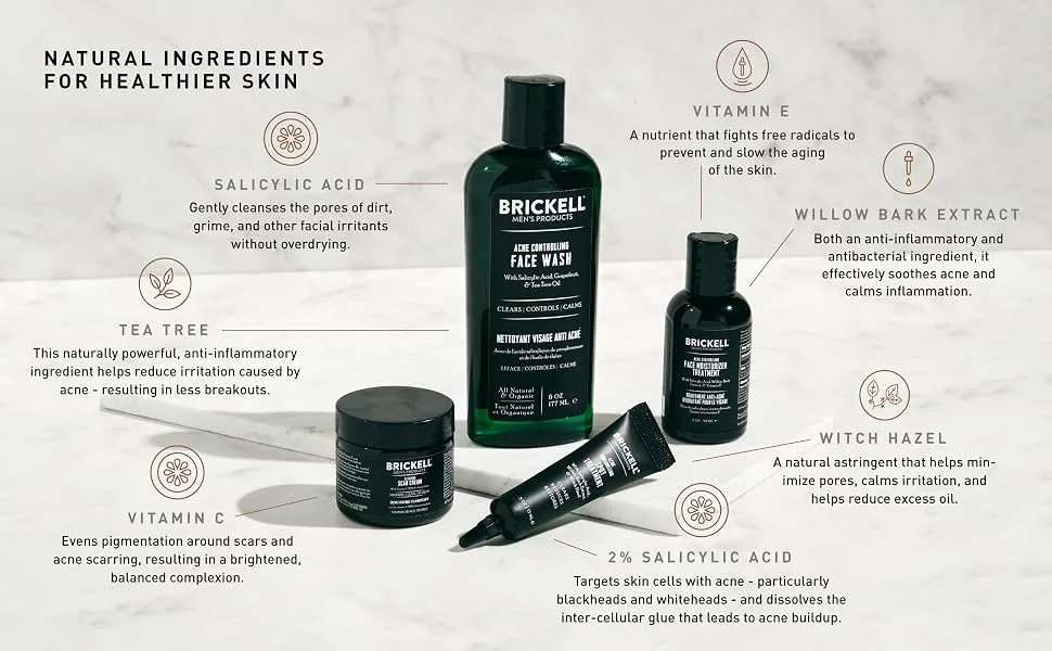 Brickell Men's Acne Controlling System for Men Acne Fighting Face Moisturizer Treatment Face Wash Spot Treatment and Scar Cream Natural & Organic - Natural Ingredients, For Healthier Skin, Salicylic Acid, Vitamin E, Tea Tree, Vitamin C, Witch Hazel