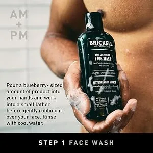 Brickell Men's Acne Controlling System for Men Acne Fighting Face Moisturizer Treatment Face Wash Spot Treatment and Scar Cream Natural & Organic - Step1, Acne Controlling Face Wash, Pour a blueberry-size amount into hand, Work into lather
