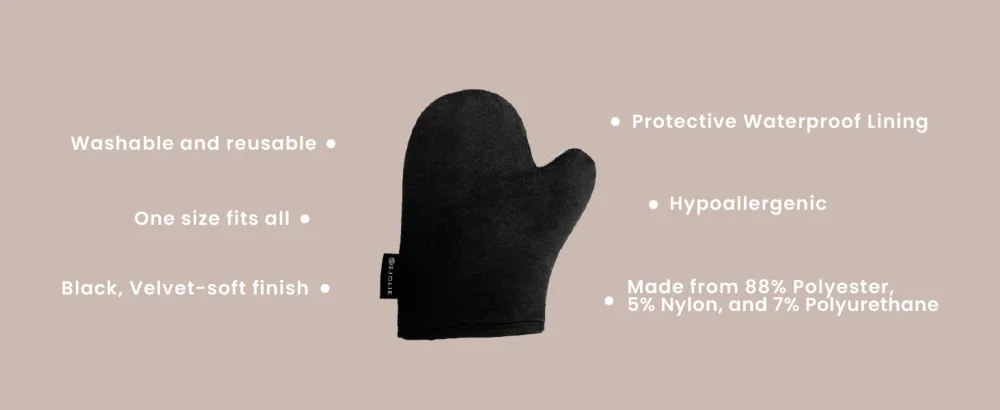SJOLIE Self Tanner - Express Sunless Tanning Mousse + Mitt Applicator | Medium Dark Color Streak-Free Vegan No Parabens - Black applicator mitt with key features listes