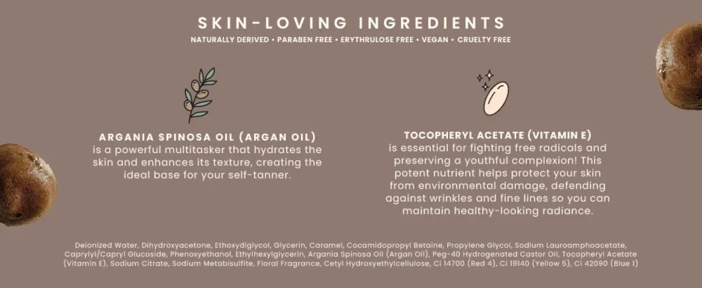 SJOLIE Self Tanner - Express Sunless Tanning Mousse + Mitt Applicator | Medium Dark Color Streak-Free Vegan No Parabens - Ingredient list with illustrative icons