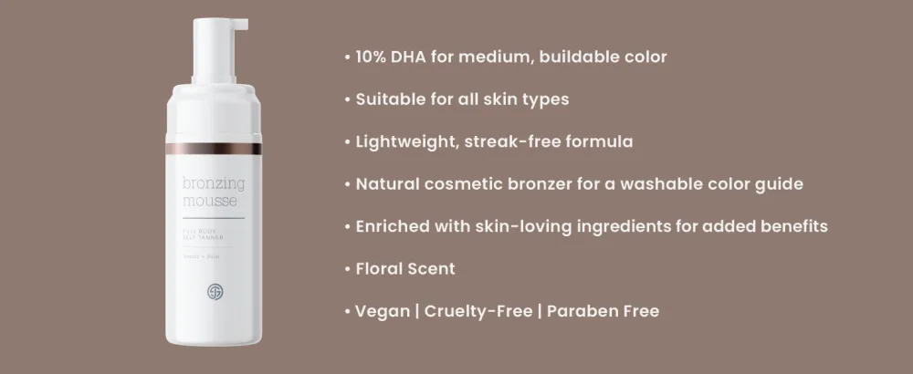SJOLIE Self Tanner - Express Sunless Tanning Mousse + Mitt Applicator | Medium Dark Color Streak-Free Vegan No Parabens - White mousse bottle with key feautures listed
