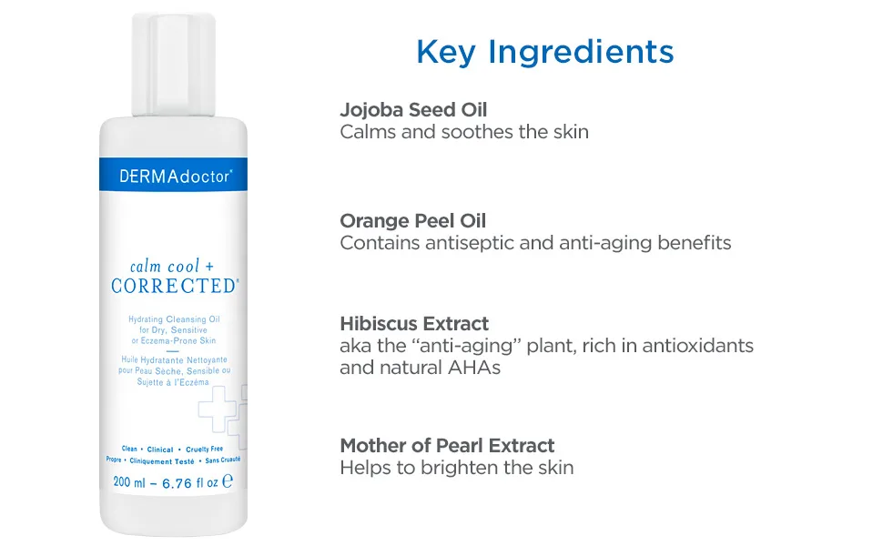 DERMAdoctor Calm Cool + Corrected Hydrating Cleansing Oil Moisturizer and Makeup Remover for Dry Sensitive or Eczema-Prone Skin 6.76 fl oz - Key Ingredients