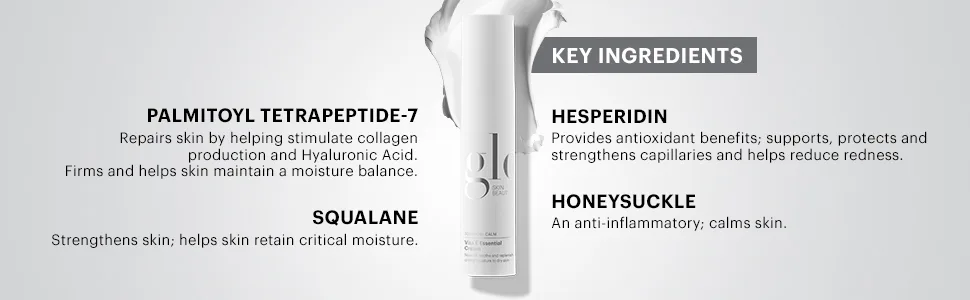Glo Skin Beauty Vita E Essential Cream - Medium Weight Moisturizer Soothes & Calms Dry Irritated Skin - Vita E Essential Cream image with product swatch and list and descriptions of key ingredients