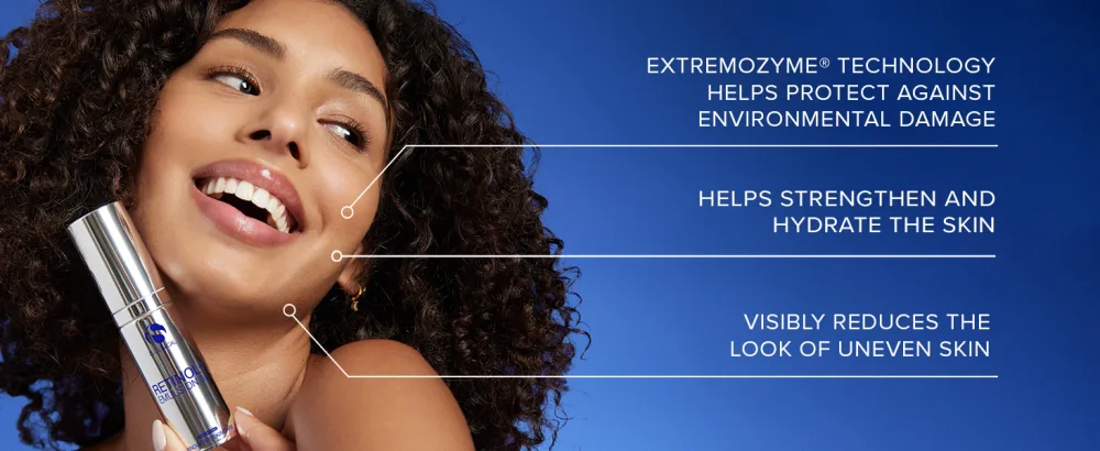 iS Clinical Retinol+ Emulsion 0.3 reduce fine lines and wrinkles smooths appearance helps brighten complexion - extremozyme technology protect enviroment stregthen hydrate the skin visibly reduce uneven skin