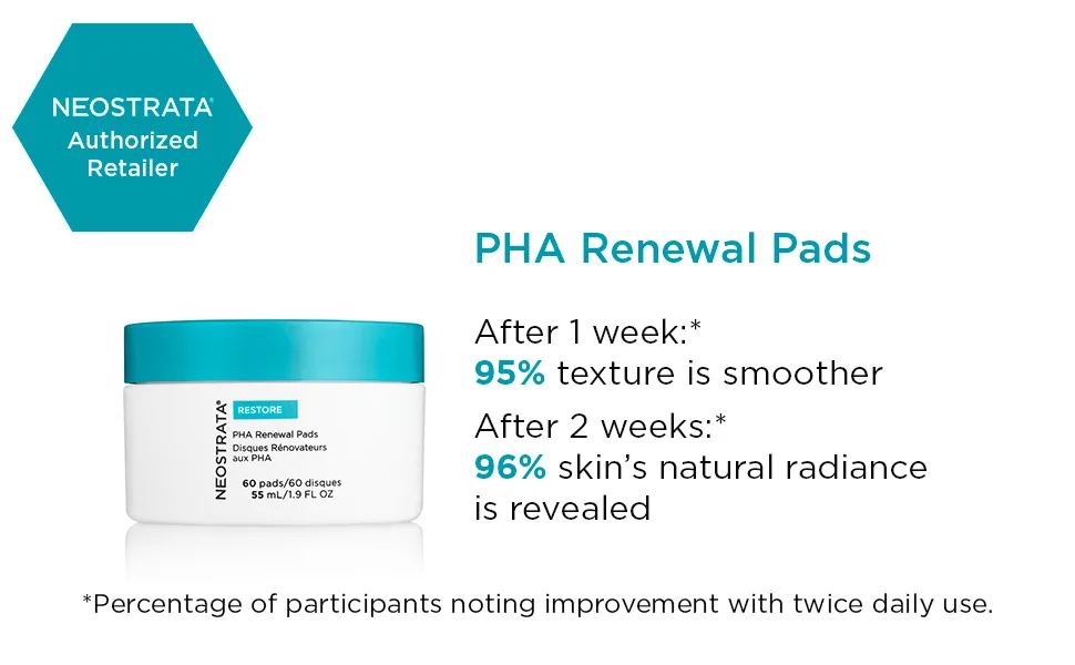 NEOSTRATA PHA Renewal Face Pads with Gluconolactone Green Tea and Cucumber Extracts for Gentle Exfoliation 60 pads - 95% texture is smoother