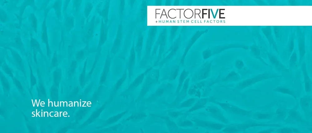 Nourishing Silk mini - Teal overlayed stem cells, with factorfive logo and we humanize skincare in the corner