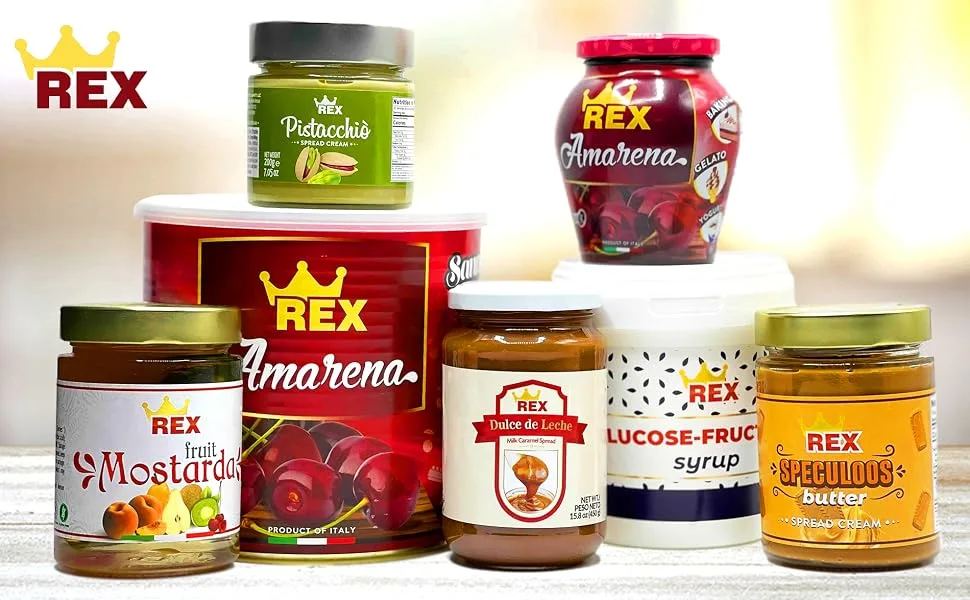 REX Dulce de Leche Milk Caramel Spread imported from Spain, 15.8 oz (Pack of 1) 15.8 ounces - rex mostarda, cookie butter, amarena cherries, dulce de leche, fructose syrup, pistachio