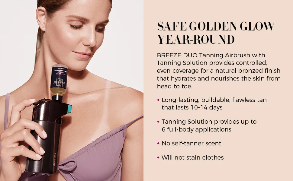 LUMINESS BREEZE DUO TANNING AIRBRUSH SYSTEM Medium Tan Self Tanner Kit includes Breeze Device with Makeup Stylus Tanning Stylus & Sunless Tanning Solution - Long-Lasting Buildable Flawless Tan - Bronze Medium Mist Breeze Airbrush Foundation Cordless Makeup Professional Women Face Makeup Light