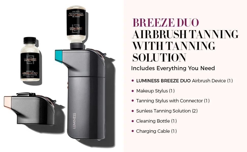 LUMINESS BREEZE DUO TANNING AIRBRUSH SYSTEM Gradual Tan Self Tanner Kit includes Breeze Device with Makeup Stylus Tanning Stylus & Sunless Tanning Solution - Long-Lasting Buildable Flawless Tan - Self Tanning System for Light Dark Skin Spray Tan Breeze Solution Tanning