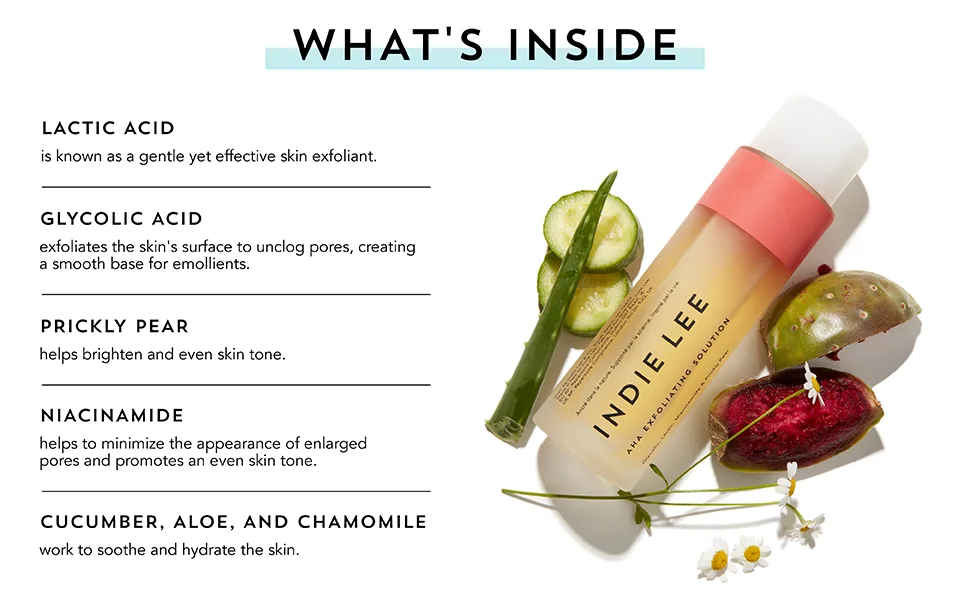 Indie Lee AHA Exfoliating Solution - Gentle Face Exfoliator with Lactic Acid Glycolic Acid Niacinamide Prickly Pear & Aloe Vera (125ml) - exfoliant cleanser