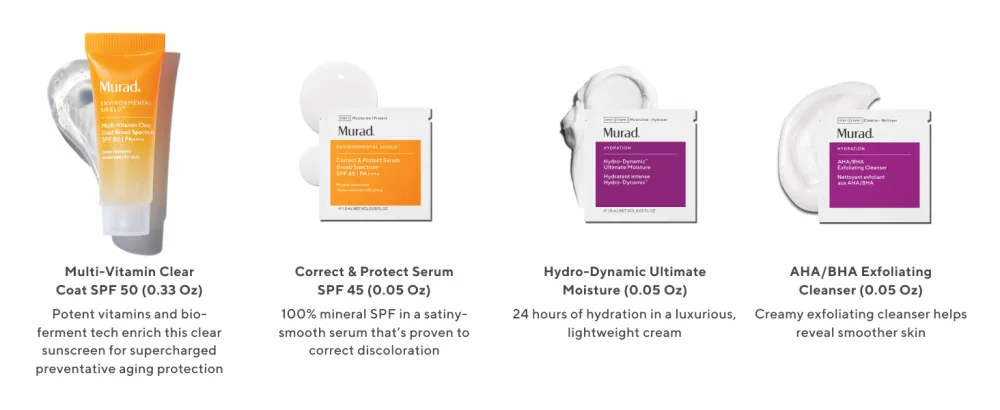 Murad SPF Sample Set : Derm on the Go - Sample Suncreen Set for AM & PM - Multi-Vitamin Clear Coat SPF 50 0.33Fl Oz with 3 additional bonus items - Spf, HSA SPF, FSA SPF, Hydration, moisturizer, spf 50