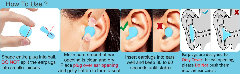 Reusable Silicone Ear Plugs, Waterproof Noise Cancelling Ear Plugs for Sleeping, Shooting, Airplanes, Concerts, Mowing, 22dB Highest NRR Blue - How to use