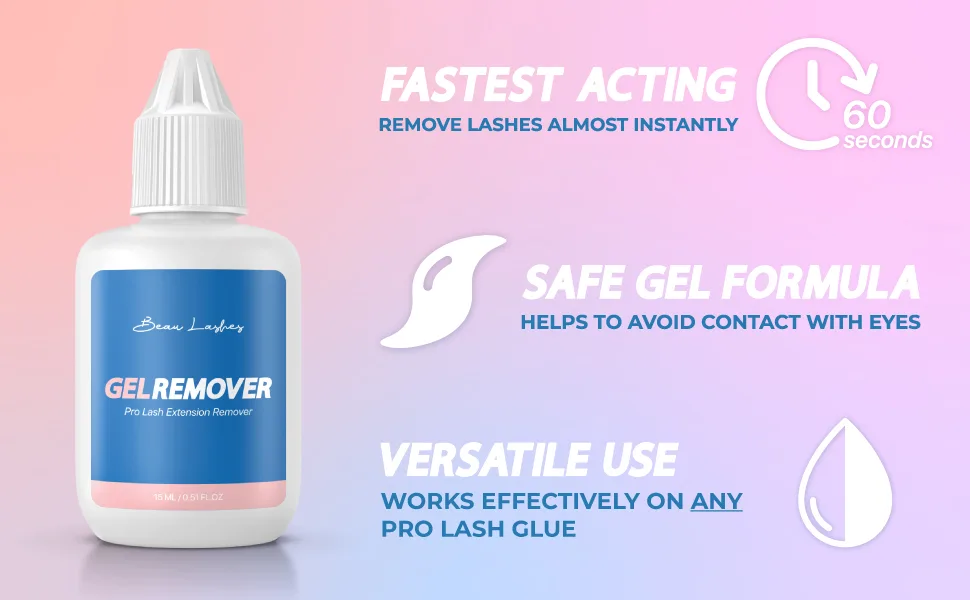 Eyelash Extension Remover Gel | Quickly & Easily Remove Individual Semi Permanent False Lashes | Effective Lash Glue Remover for Eyelash Extensions | Works On The Strongest Fake Eyelash Glue Adhesive - Beau Lashes Professional Remover Gel for Eyelash Extensions - Fastest Acting Gel Formula