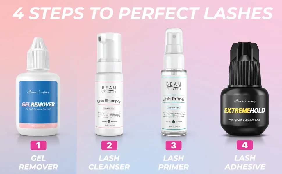 Eyelash Extension Remover Gel | Quickly & Easily Remove Individual Semi Permanent False Lashes | Effective Lash Glue Remover for Eyelash Extensions | Works On The Strongest Fake Eyelash Glue Adhesive - Beau Lashes Professional Remover Gel for Eyelash Extensions - 4 Steps to Perfect Lashes