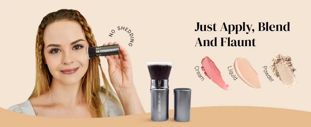 Flat Top Retractable Makeup Brush by Keshima - Premium Retractable Kabuki Brush Blush Brush Foundation Brush for Liquid Makeup Powder and Cream - nose contour brush liquid makeup brush flat top kabuki brush for self tanner brocha para maquillaje