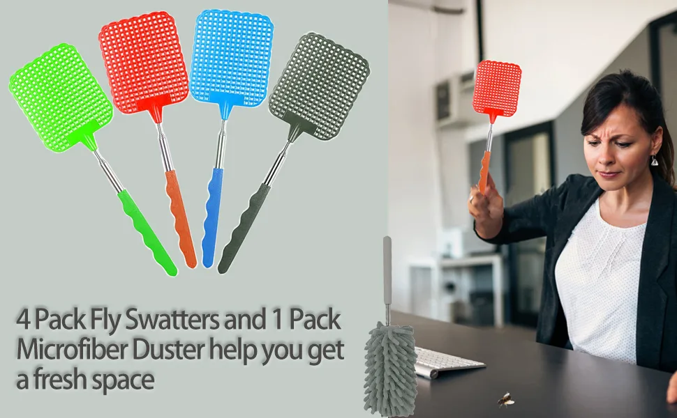Retractable Fly Swatters Durable Plastic Fly Swatter Heavy Duty Set of 4 with Extendable Microfiber Feather Duster, Telescopic Flyswatter with Stainless Steel Handle for Indoor/Outdoor/Classroom - Detail1