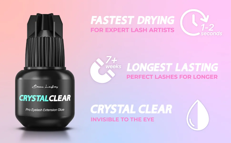 Crystal Clear Professional Eyelash Extension Glue | Super Strong Clear Lash Adhesive for Long Lasting Semi Permanent Individual Lash Eyelash Extensions | 1-2s Fast Drying / 7 Weeks Retention - Beau Lashes Crystal Clear Pro Lash Glue - Fastest Drying and Longest Lasting