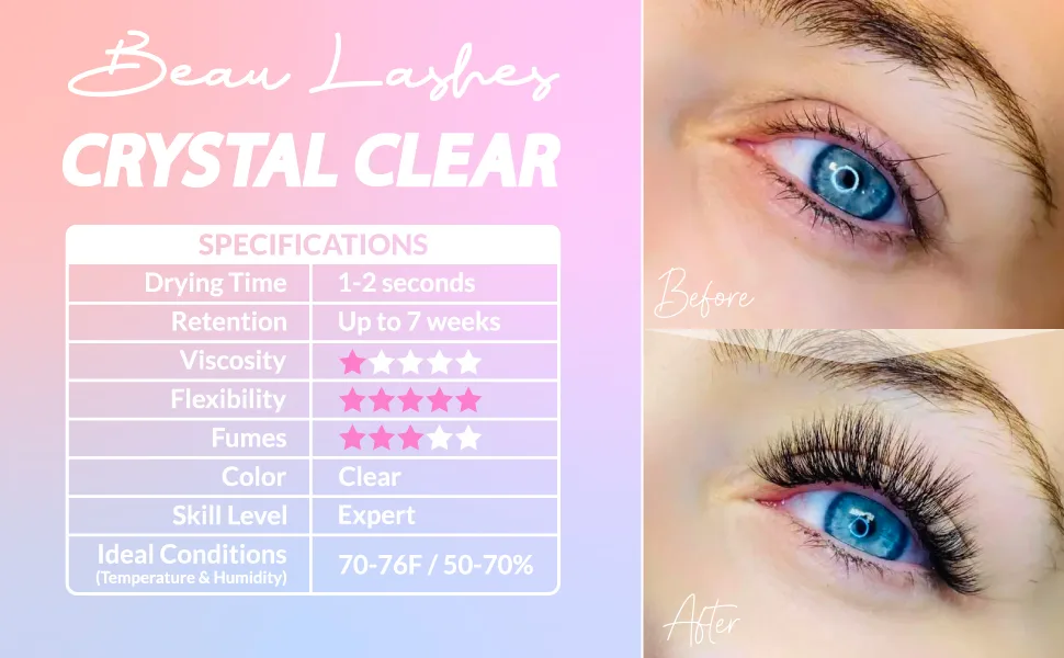 Crystal Clear Professional Eyelash Extension Glue | Super Strong Clear Lash Adhesive for Long Lasting Semi Permanent Individual Lash Eyelash Extensions | 1-2s Fast Drying / 7 Weeks Retention - Beau Lashes Crystal Clear Pro Lash Glue - Specification
