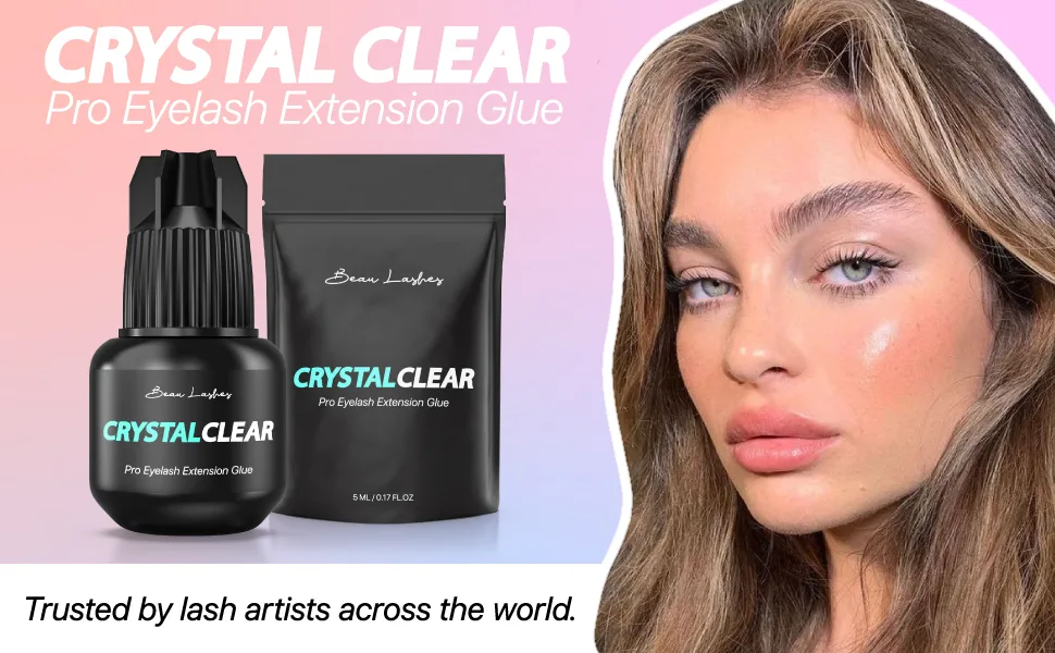 Crystal Clear Professional Eyelash Extension Glue | Super Strong Clear Lash Adhesive for Long Lasting Semi Permanent Individual Lash Eyelash Extensions | 1-2s Fast Drying / 7 Weeks Retention - Beau Lashes Crystal Clear Professional Eyelash Extension Glue