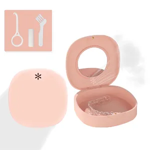 Retainer Case with Vent Holes, and Mirror, Cute Slim Aligner Case Night Mouthguard Case, with Retainer Removal Tool, Chewie & Brush, for Women & Men, Pink - aligner removal tool and chewie