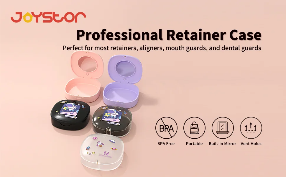 Retainer Case with Vent Holes, and Mirror, Cute Slim Aligner Case Night Mouthguard Case, with Retainer Removal Tool, Chewie & Brush, for Women & Men, Pink - retainer case