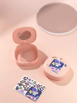 Retainer Case with Vent Holes, and Mirror, Cute Slim Aligner Case Night Mouthguard Case, with Retainer Removal Tool, Chewie & Brush, for Women & Men, Pink - retainer case with mirror