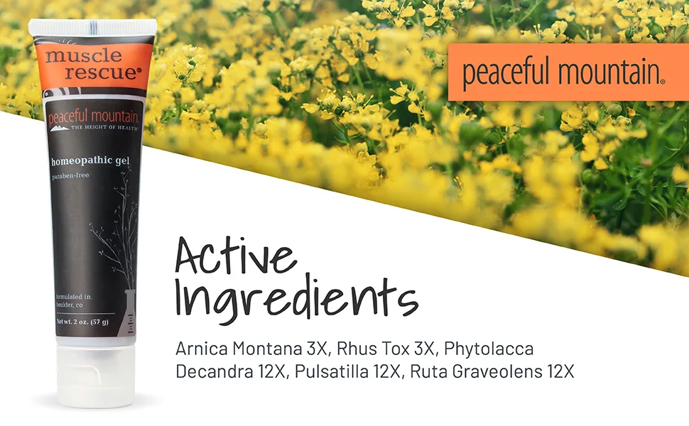 Peaceful Mountain Muscle Rescue Homeopathic Gel - for Muscle discomfort with Arnica and Comfrey - 2oz - Active ingredients include Arnica Montana 3x, Rhus Tox 3x, Phytolacca Decandra 12x...