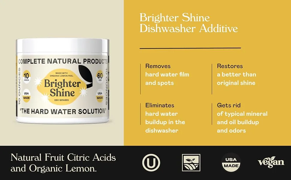 Brighter Shine - 60 Uses Natural Lemon Dishwasher Additive & Citric Acid Cleaner Hard Water Spots Remover - Dishwasher clean