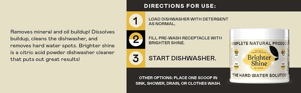 Brighter Shine - 60 Uses Natural Lemon Dishwasher Additive & Citric Acid Cleaner Hard Water Spots Remover - Dishwasher clean