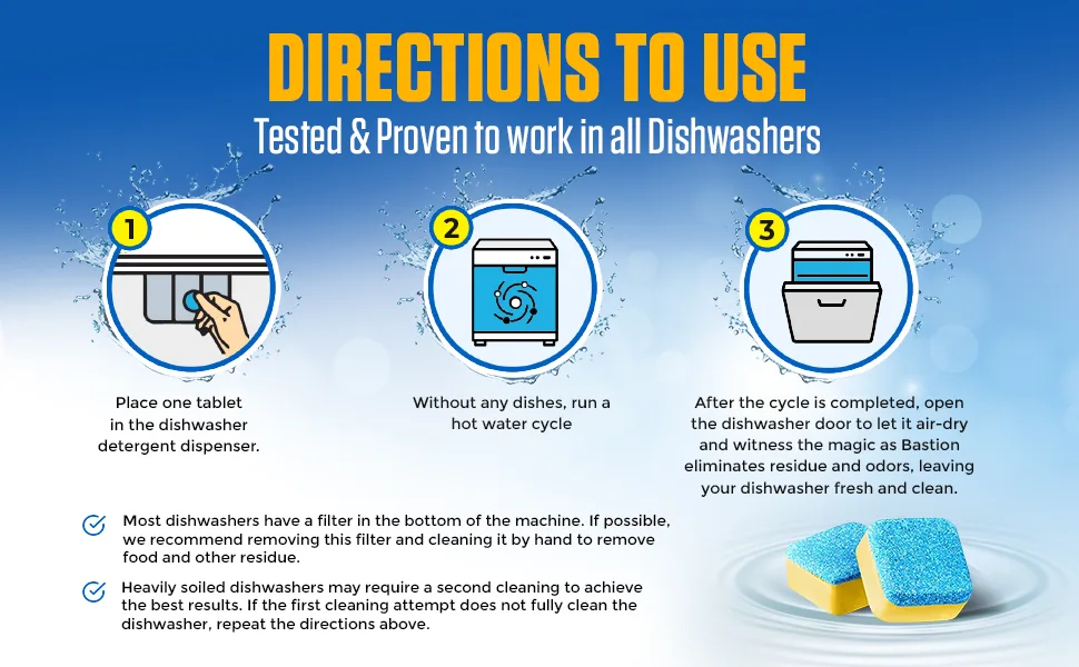 Bastion Dishwasher Cleaner Tablets Lemon Scent 3-Month Supply (6 Tablets) Powerful Cleaning & Odor Removal Dishwasher Cleaning Pods Descaling Tablets - Bastion Dishwasher Cleaner Tablets