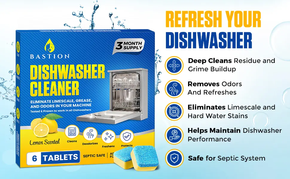 Bastion Dishwasher Cleaner Tablets Lemon Scent 3-Month Supply (6 Tablets) Powerful Cleaning & Odor Removal Dishwasher Cleaning Pods Descaling Tablets - Dishwasher cleaner tablets