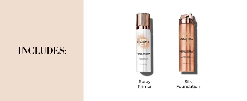 LUMINESS Silk Spray Airbrush Foundation Makeup & Hydrating Primer Kit Fair Warm - Lightweight Buildable Coverage Foundation with Face Makeup Primer for Seamless Blending Satin Finish - Tan Foundations Wrinkle Bare Finishing Collection Smooth Lightweight Foudation Lady Bronze Old
