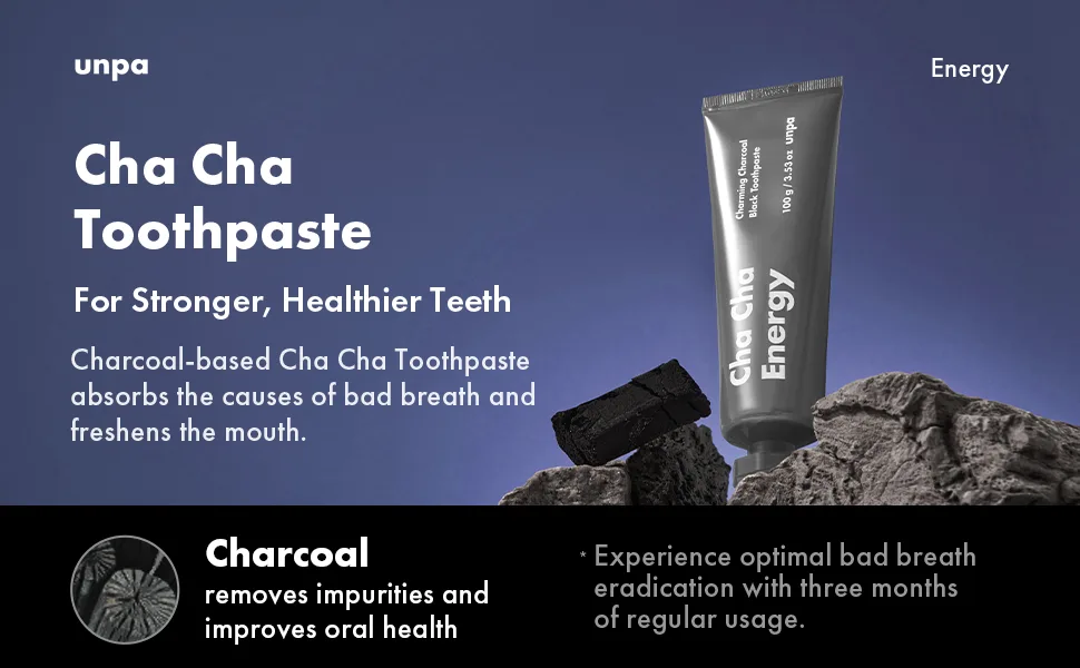 unpa Cha Cha Energy Toothpaste - Activated Charcoal Toothpaste with Organic Ingredients - Fresh Mint Flavor - Natural Tooth Paste for Stain Removal Gum Disease Tooth Decay Prevention - 100g - unpa