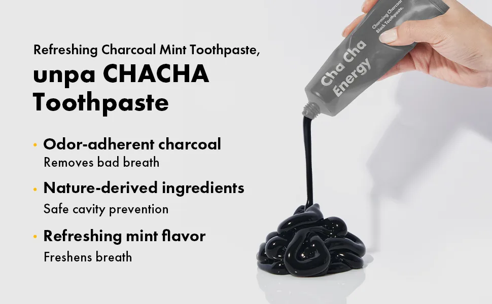 unpa Cha Cha Energy Toothpaste - Activated Charcoal Toothpaste with Organic Ingredients - Fresh Mint Flavor - Natural Tooth Paste for Stain Removal Gum Disease Tooth Decay Prevention - 100g - unpa