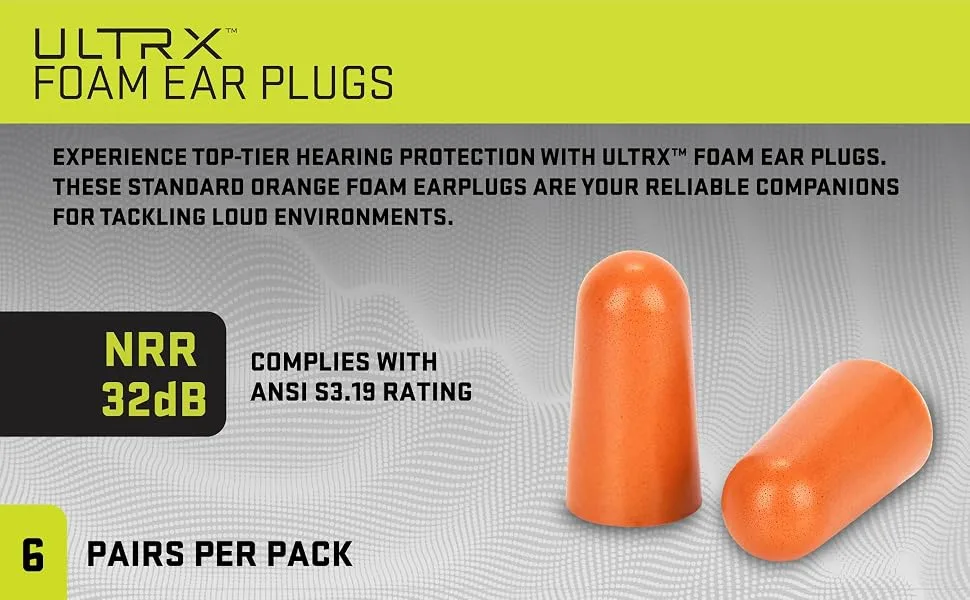 ULTRX Disposable Foam Earplugs - Hearing Protection and Noise Reduction for Shooting Range Sleeping Snoring Concerts Construction Yardwork EDM Sensory Overload and More - Orange -6-Pairs - image