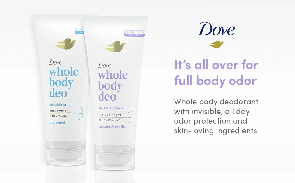 Dove Whole Body Deo Aluminum Free Invisible Cream Deodorant Coconut & Vanilla for 72h Odor Control 2.5 oz - Module 1