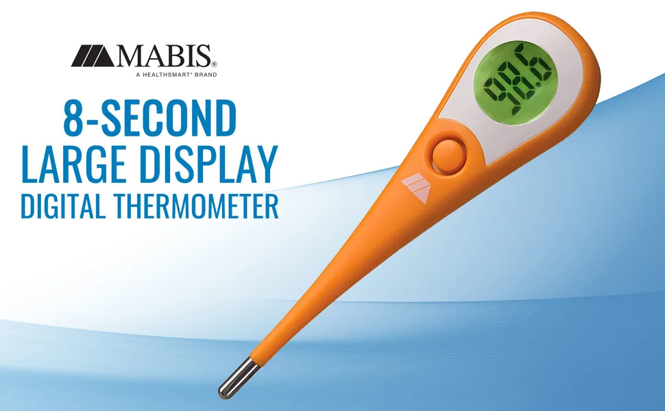 Mabis DMI 8-Second Ultra Premium Digital Thermometer 8 Sec Orange - Digital Thermometer 8 Second Large Display