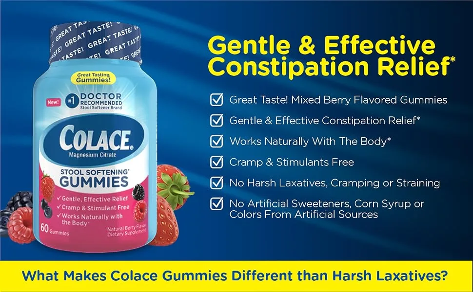 Colace Stool Softener Gummies Gentle Dependable Constipation Relief Magnesium Citrate Gummies No.1 Doctor Recommended Stool Softener Brand Berry Flavored 60ct - Laxative Gummies