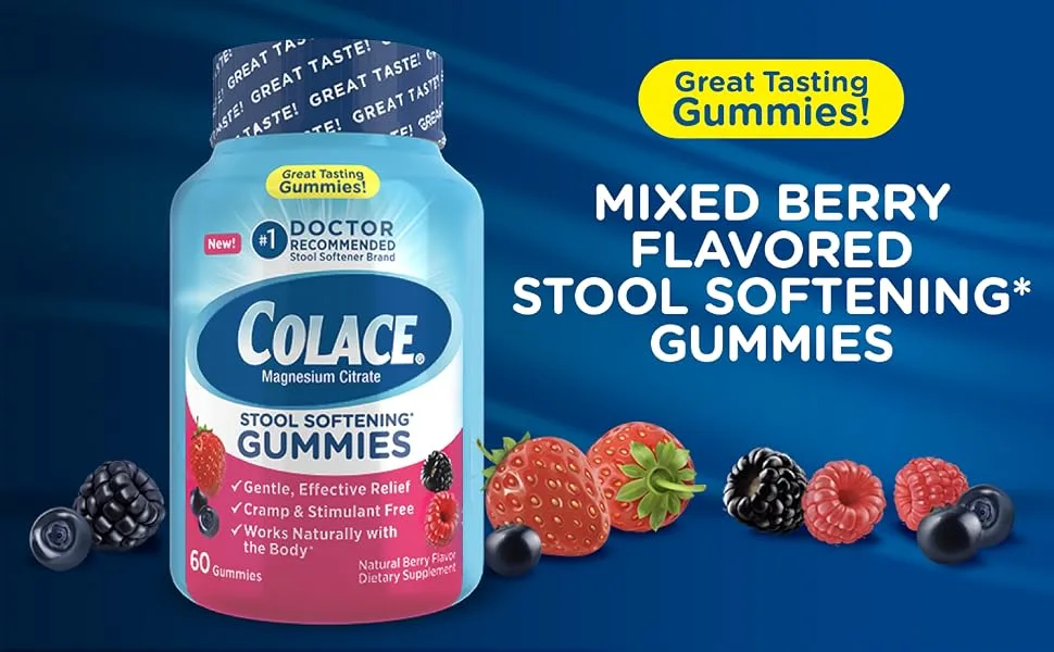 Colace Stool Softener Gummies Gentle Dependable Constipation Relief Magnesium Citrate Gummies No.1 Doctor Recommended Stool Softener Brand Berry Flavored 60ct - Magnesium Citrate