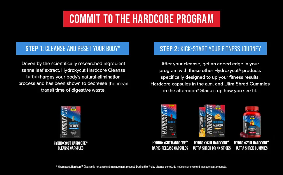 Hydroxycut Hardcore Cleanse - 42 Capsules - 7-Day Body Reset for Men & Women - Includes Senna Leaf Extract & Apple Cider Vinegar - 14 Servings - Hardcore Program