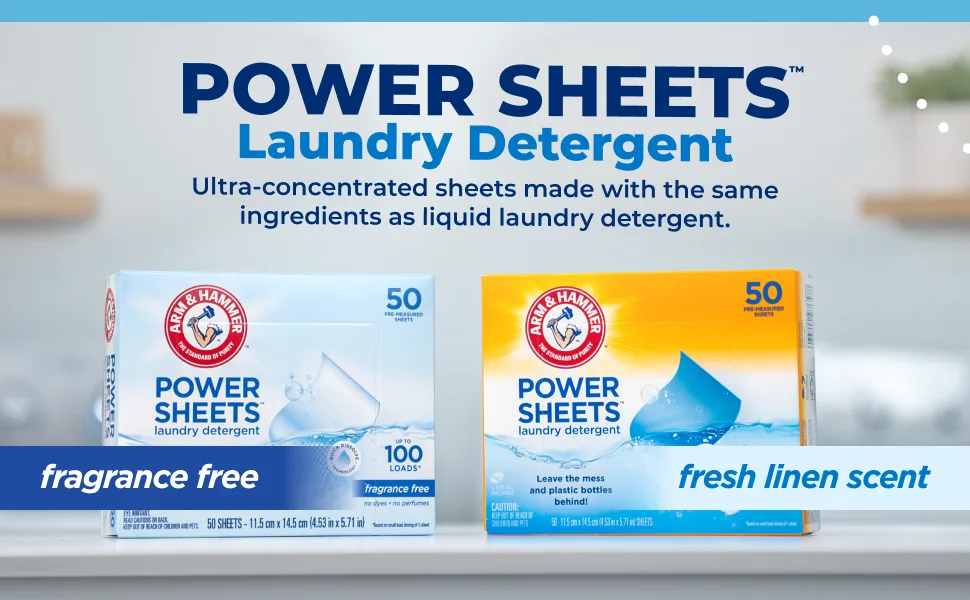 Arm & Hammer Power Sheets Laundry Detergent Fragrance Free 50ct 50 loads  - Power Sheets Laundry Detergent sheets made with the same ingredients as liquid laundry detergent