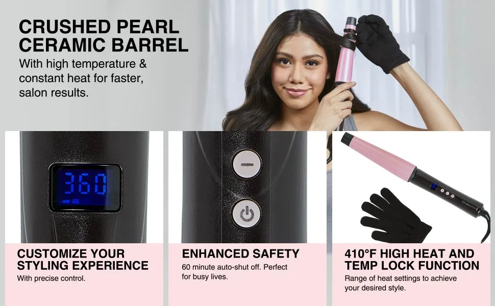 CI9538 Pro 1"-1.5" Pearl Ceramic Conical Curling Wand Digital Controls + 10 Heat Settings Black/Pink - features