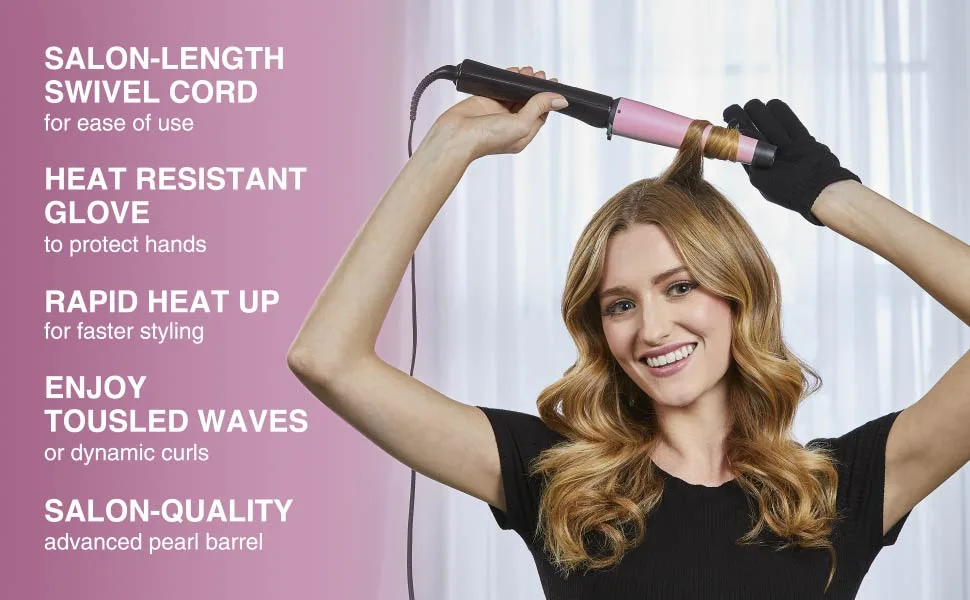 CI9538 Pro 1"-1.5" Pearl Ceramic Conical Curling Wand Digital Controls + 10 Heat Settings Black/Pink - features