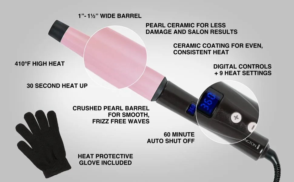 CI9538 Pro 1"-1.5" Pearl Ceramic Conical Curling Wand Digital Controls + 10 Heat Settings Black/Pink - overview